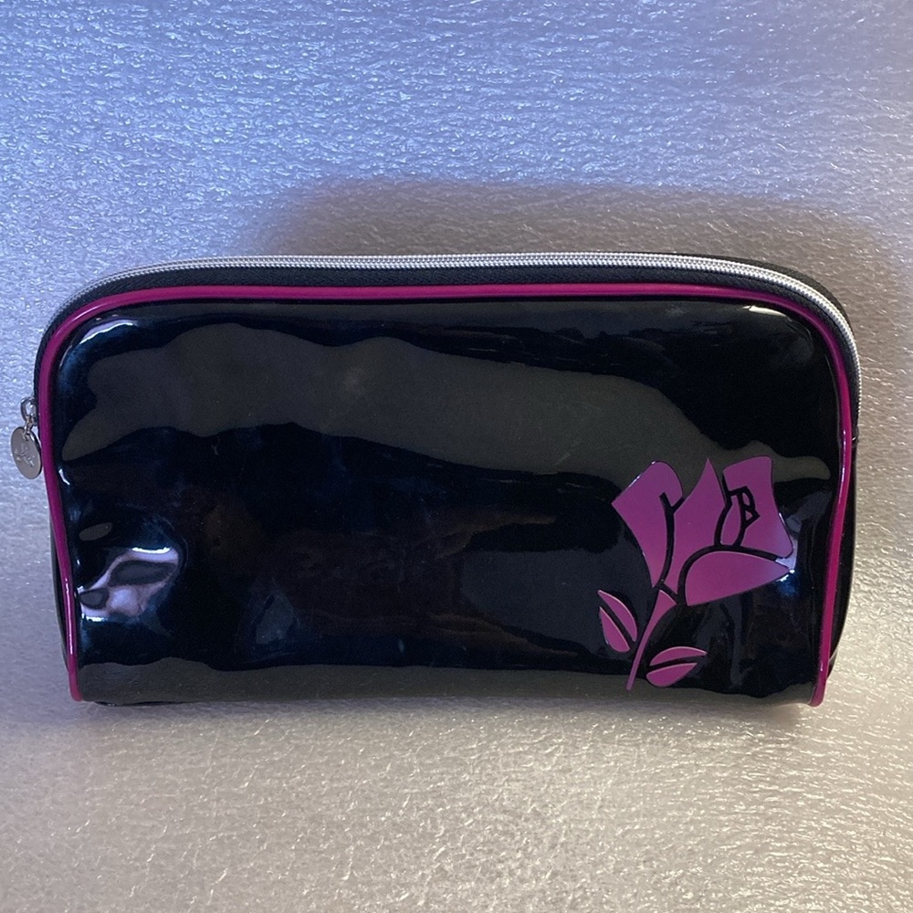 Lancôme Vinyl Black and Fuchsia Pink Rose Vintage Cosmetic/Makeup Zippered Bag